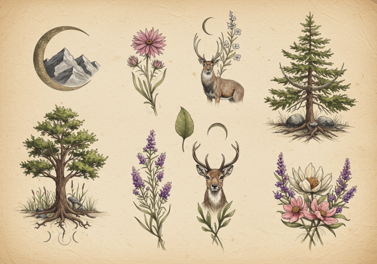 Illustrations of deer, flowers, and trees, showcasing nature-inspired tattoo ideas for outdoor enthusiasts.