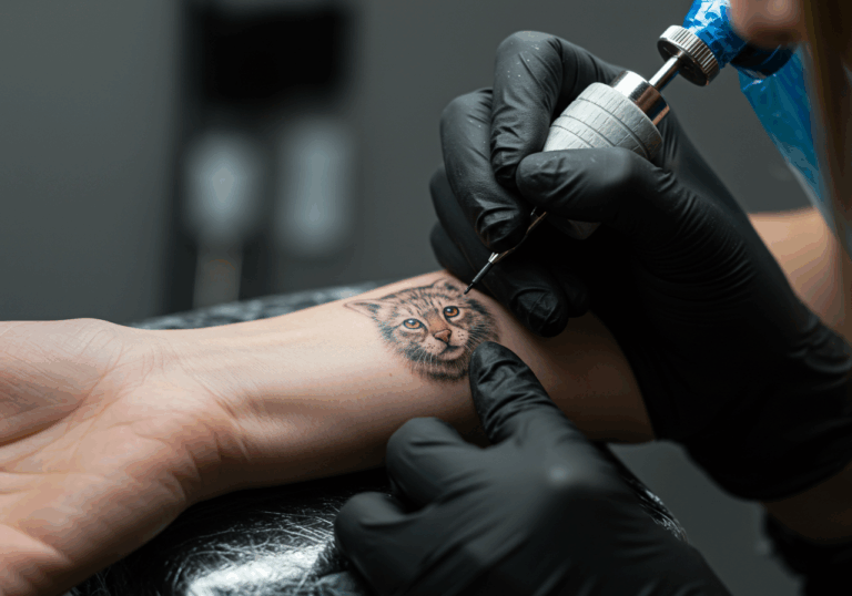 A woman receiving a detailed microrealism tattoo on her arm, showcasing intricate tiny designs.