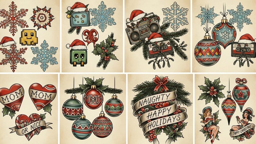 A grid of eight tattoo flash designs in an American traditional style, featuring retro boomboxes, cassettes, pixel art characters with Santa hats, holiday ornaments, and festive banners reading "Naughty Happy Holidays.