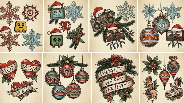 A grid of eight tattoo flash designs in an American traditional style, featuring retro boomboxes, cassettes, pixel art characters with Santa hats, holiday ornaments, and festive banners reading "Naughty Happy Holidays.