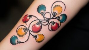 A high-quality tattoo on a person's arm featuring a string of vintage-style Christmas light bulbs in red, teal, and yellow with black cord detailing.
