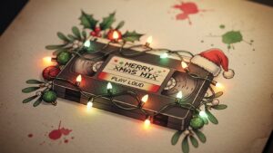 A nostalgic illustration of a cassette tape labeled "Merry Xmas Mix" wrapped in glowing holiday lights, mistletoe, and a tiny Santa hat.